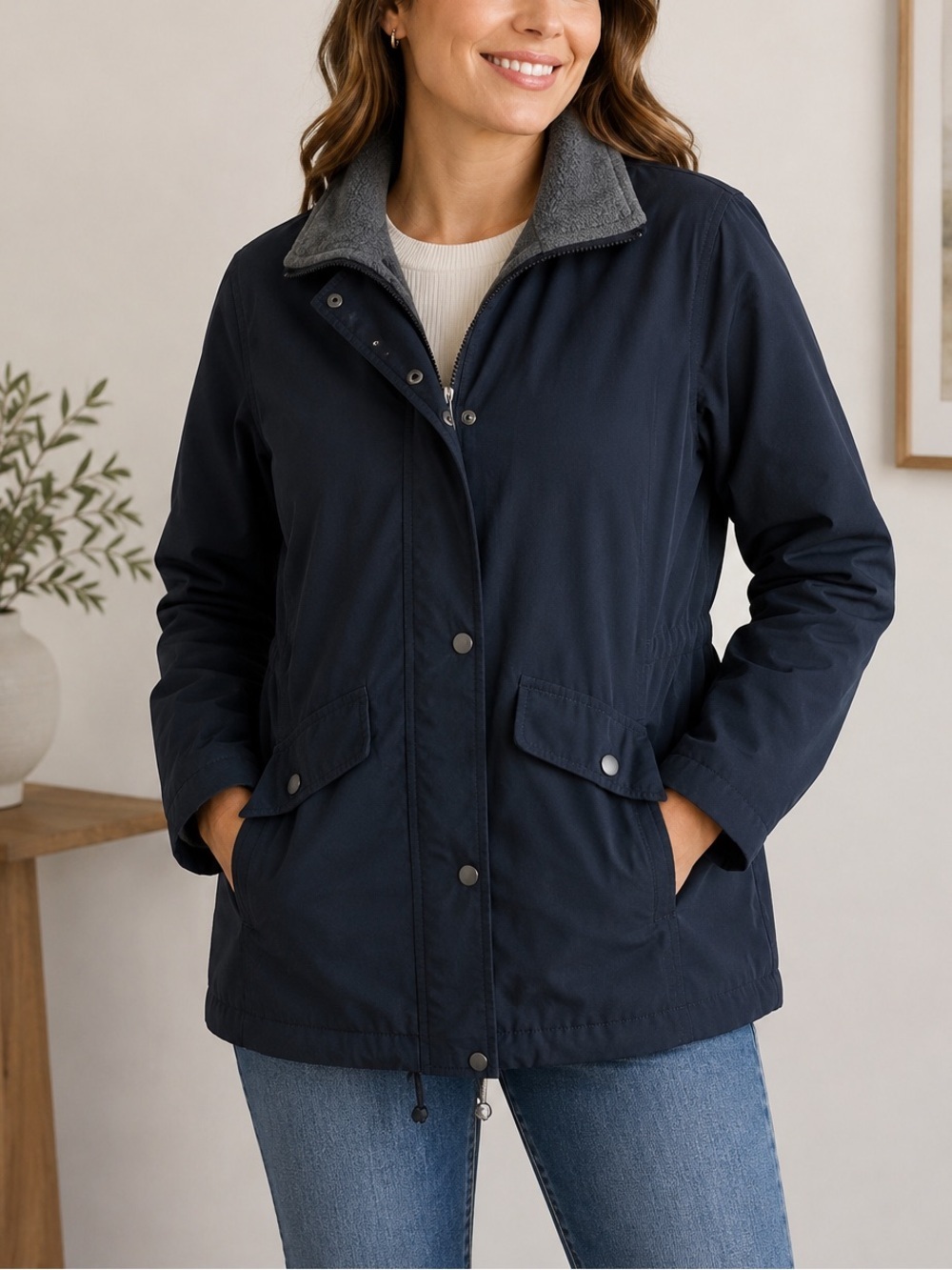Braetan Women’s Navy Fleece Lined Utility Jacket Coat Medium Full Zip Snap Front